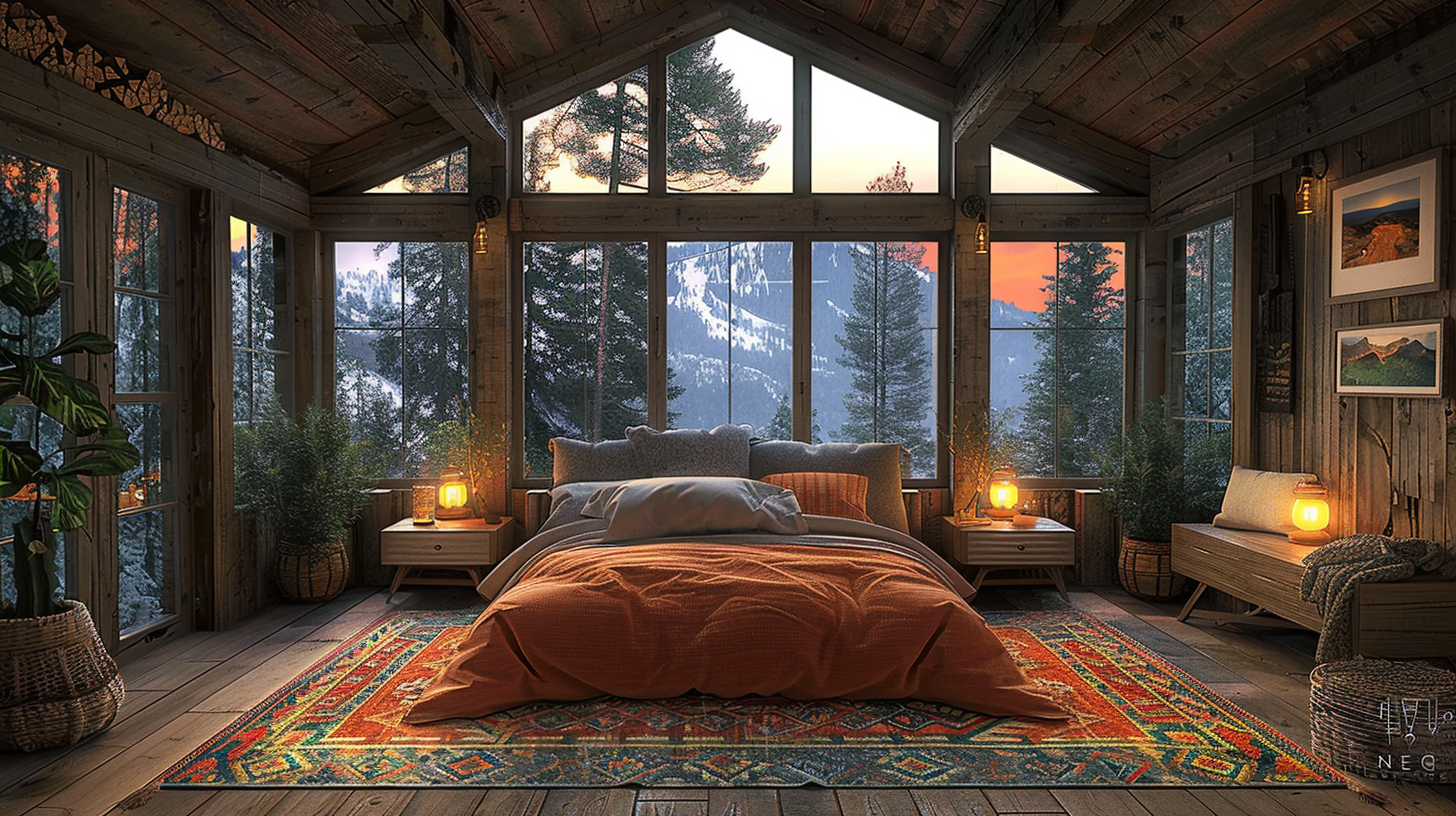A bedroom’s view of the mountaintops surrounded by nature