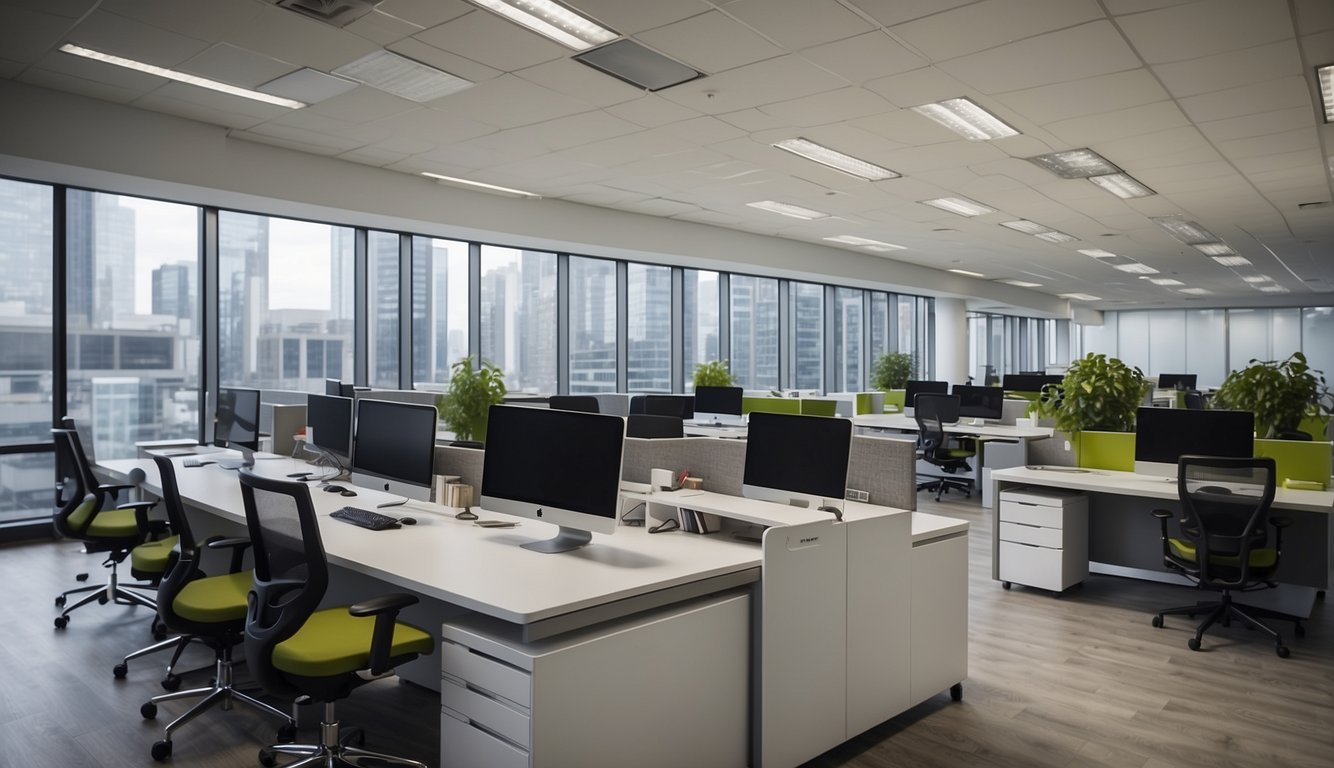 A modern, open-plan office with various workstations, meeting areas, and collaborative spaces. It is filled with natural light, modern furniture, and vibrant decor