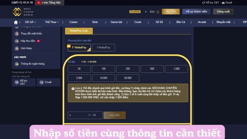 Nhập số tiền cùng thông tin cần thiết