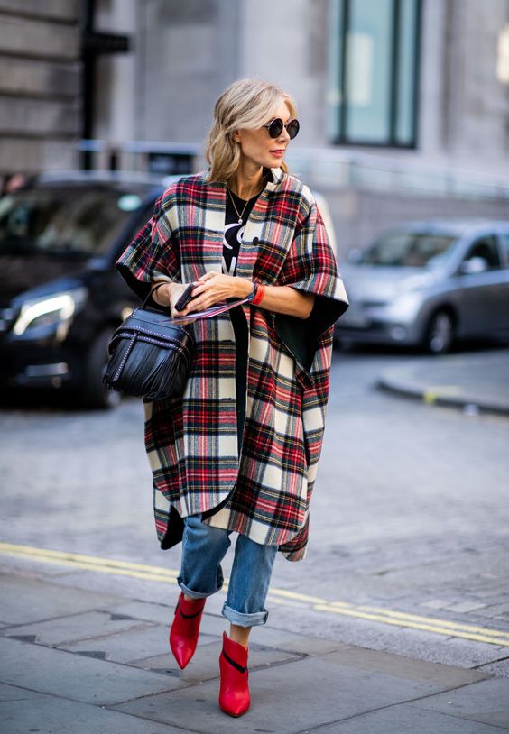 A red and white check coat is a very eye-catching look.