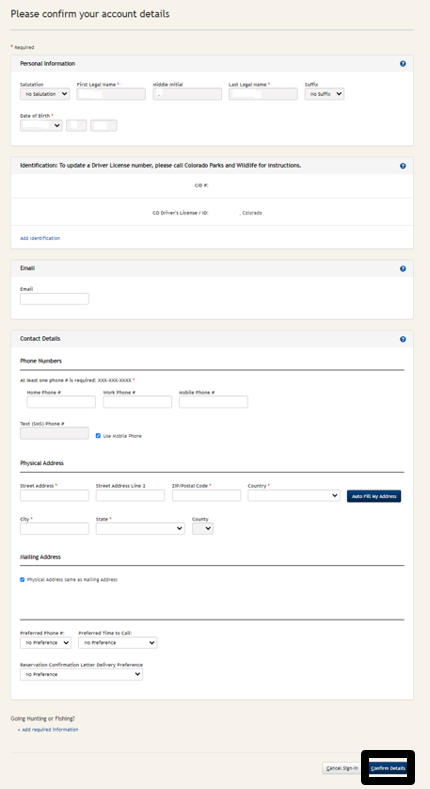 Customer account details are displayed and highlighting the "Confirm Details" button at the bottom right-hand corner. 