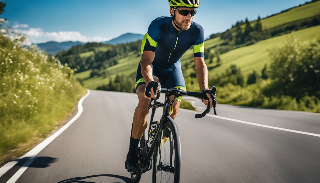 A cyclist wearing a road bike helmet with MIPS technology, riding confidently on a winding road with lush greenery and a clear blue sky in the background