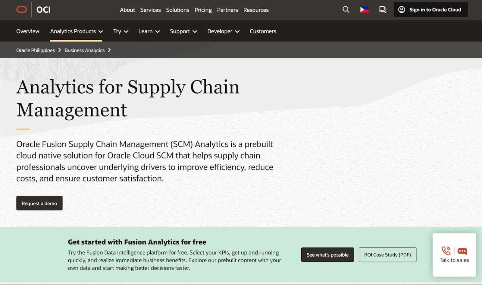 Screenshot of Oracle Fusion SCM Analytics website