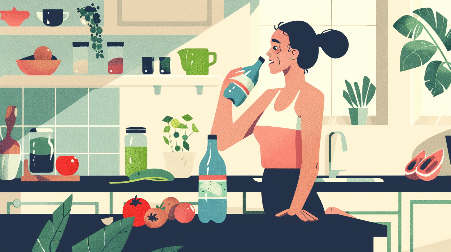 An illustration of a person with active lifestyle, balanced diet and adequate hydration.