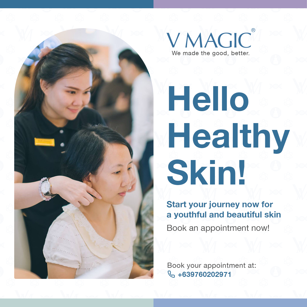 An image showcasing a medical aesthetician checking on a woman's skin. It has a title: Hello Healthy Skin; start your journey now for youthful and beautiful skin. 