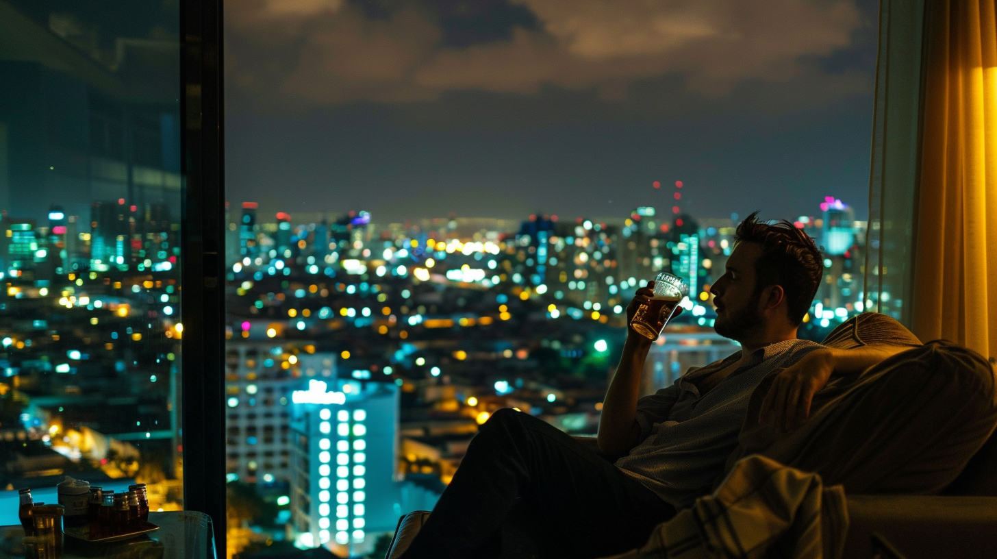 A man drinking beer while sitting on the couch of an apartment with a view of the city outside