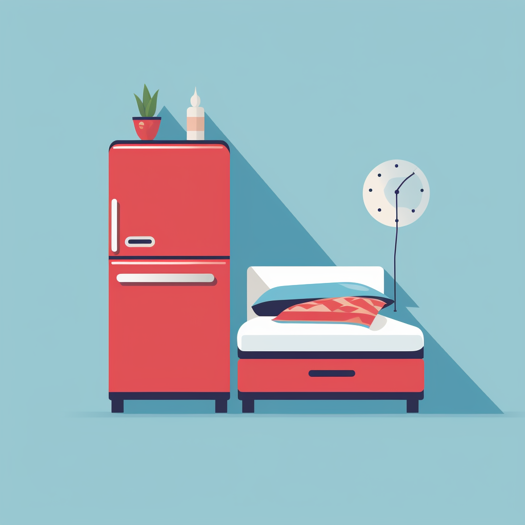 bed next to refrigerator depicting sleeping near a refrigerator