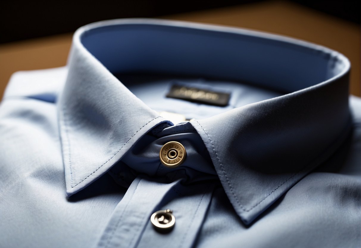 A dress shirt collar fits snugly around the neck, with enough room for one finger to comfortably slide between the collar and the skin