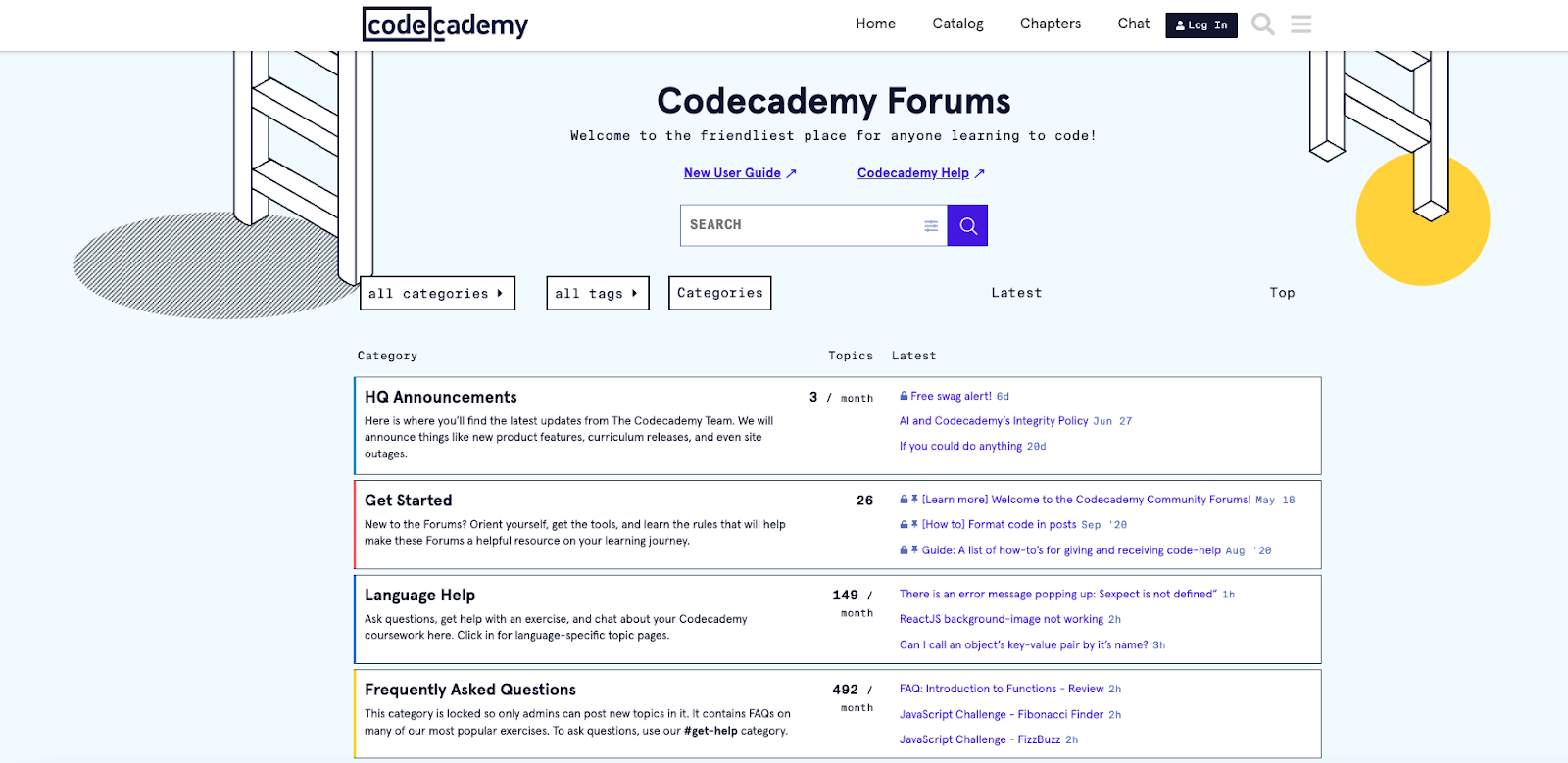 Codecademy forums page organized by category, topic, and release