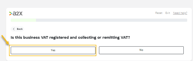 A2X setup questionnaire for Amazon sellers with 1 UK VAT registration: Select 'Yes'