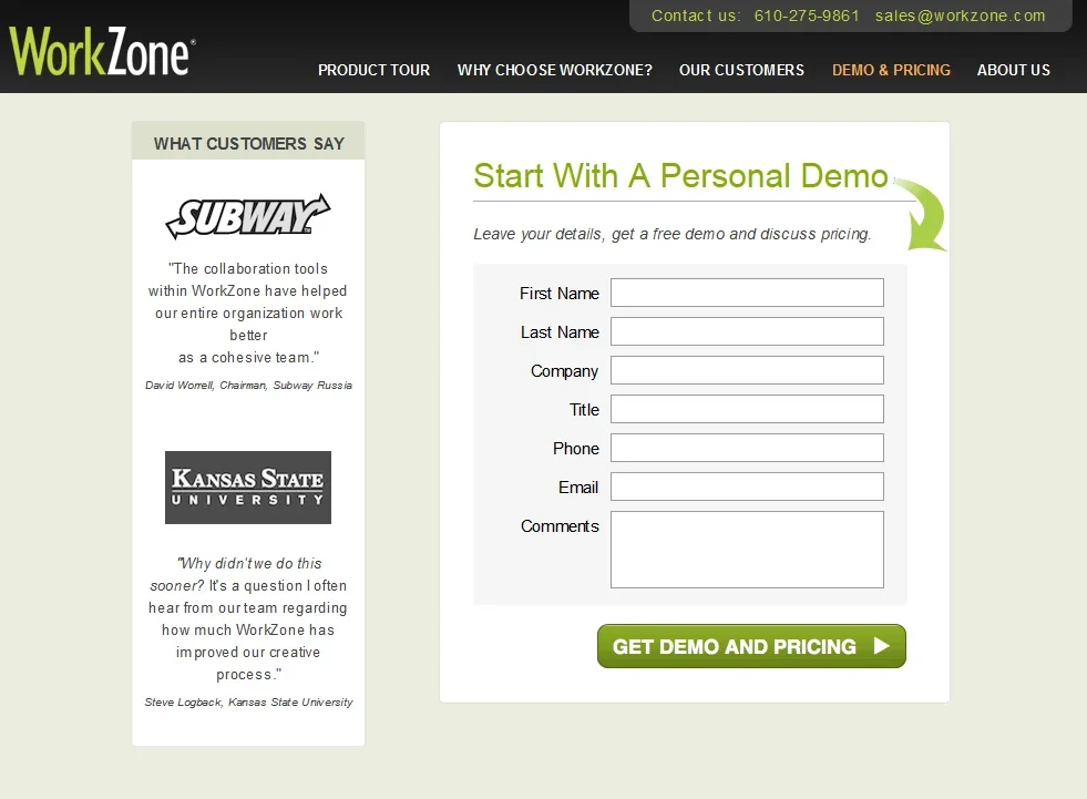WorkZone A/B Test: They created a page variation with black-and-white testimonial logos.