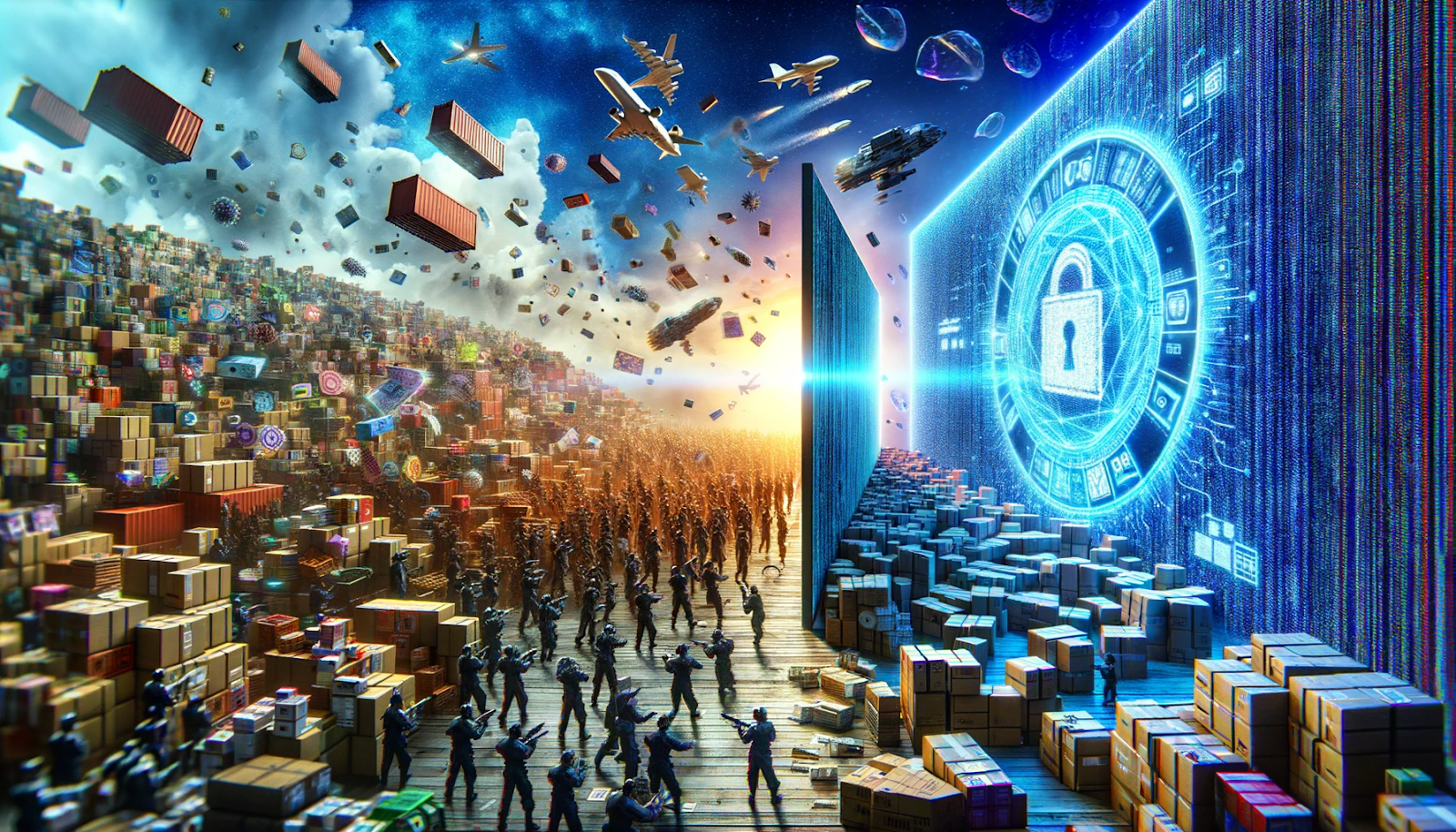 This wide-angle illustration vividly portrays the struggle against the counterfeit market in the multi-billion dollar industry. It juxtaposes the chaotic world of counterfeit products on the left with the secure, digital realm of NFT technology on the right, highlighting NFTs as a formidable solution difficult for counterfeiters to replicate. The image powerfully contrasts the disorder of counterfeiting with the orderly and secure potential of digital NFT solutions.