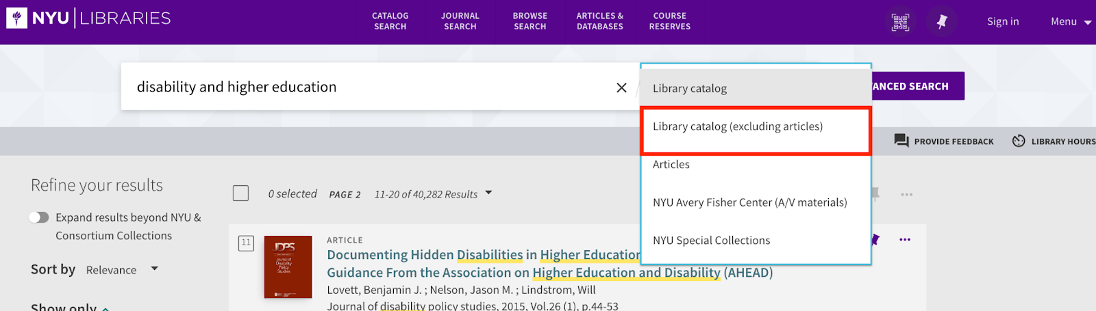 Screenshot of the catalog search bar, with the search scope drop down menu opened. A red box highlights the "Library catalog (excluding articles)" option.