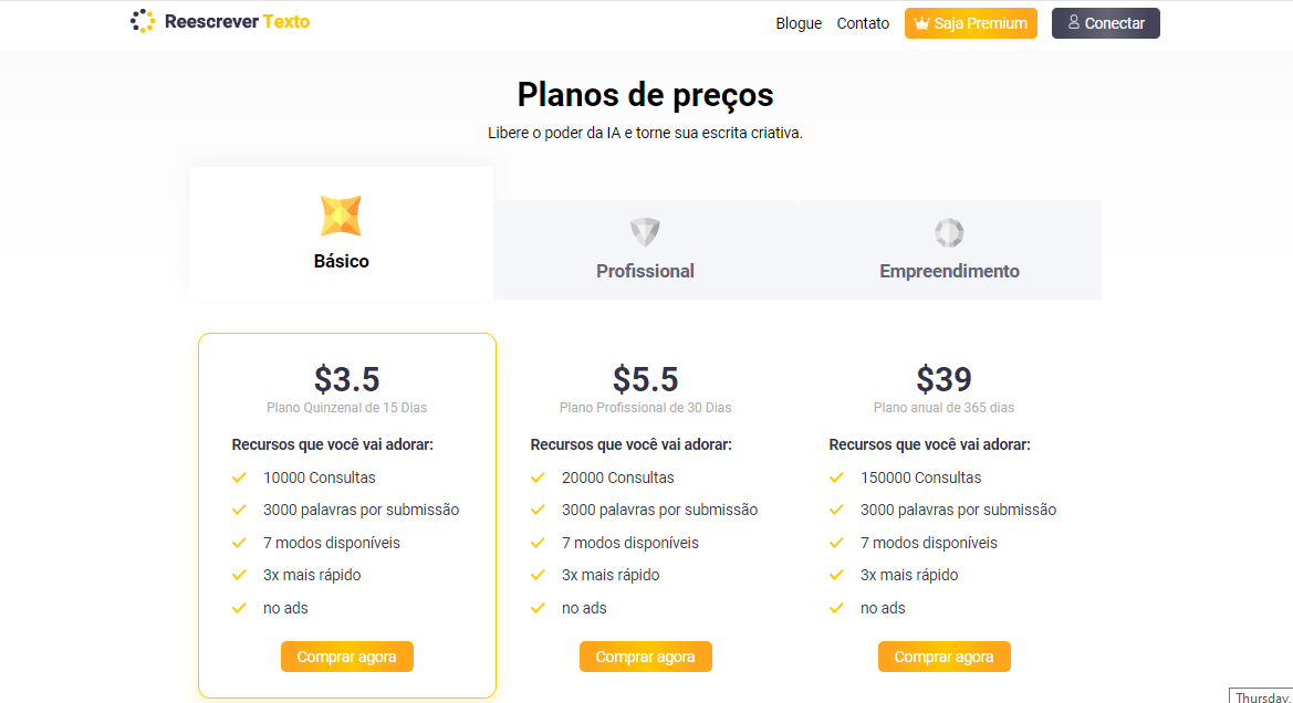 Planos de preços Reescrever texto
