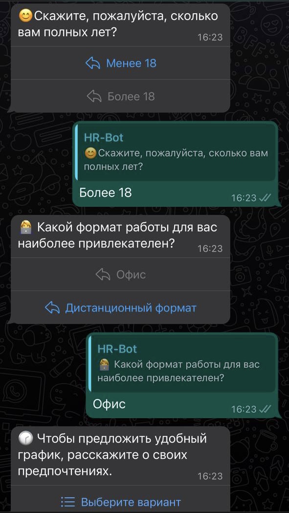 Чат-бот уточняет удобный формат и график работы