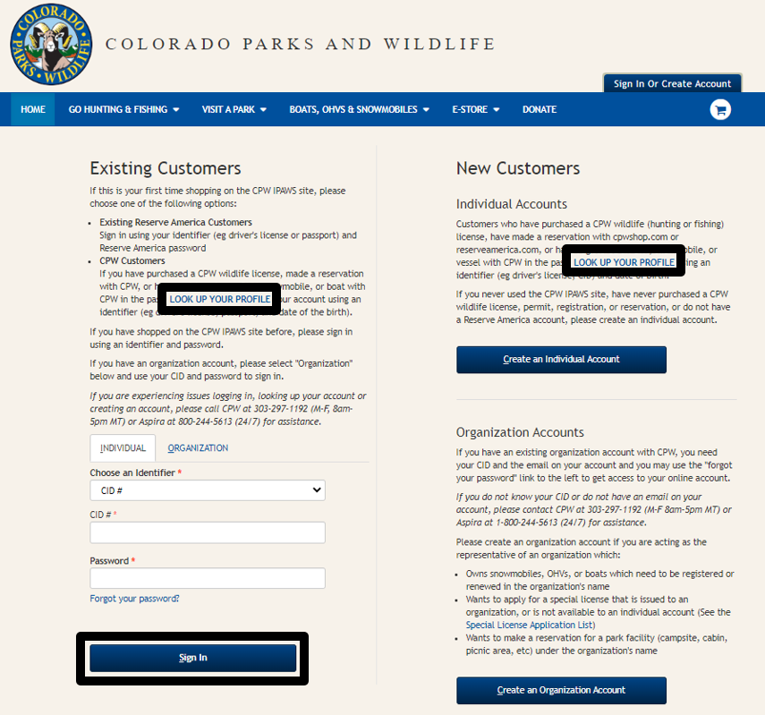 Colorado Parks and Wildlife purchasing site sign in page. Highlighting how to lookup a previously existing customer account and sign in button at the bottom of the page on the left-hand side. 