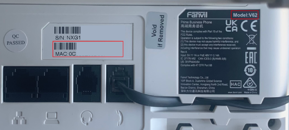 Modelo de telefone da série Fanvil V e etiqueta de endereço MAC