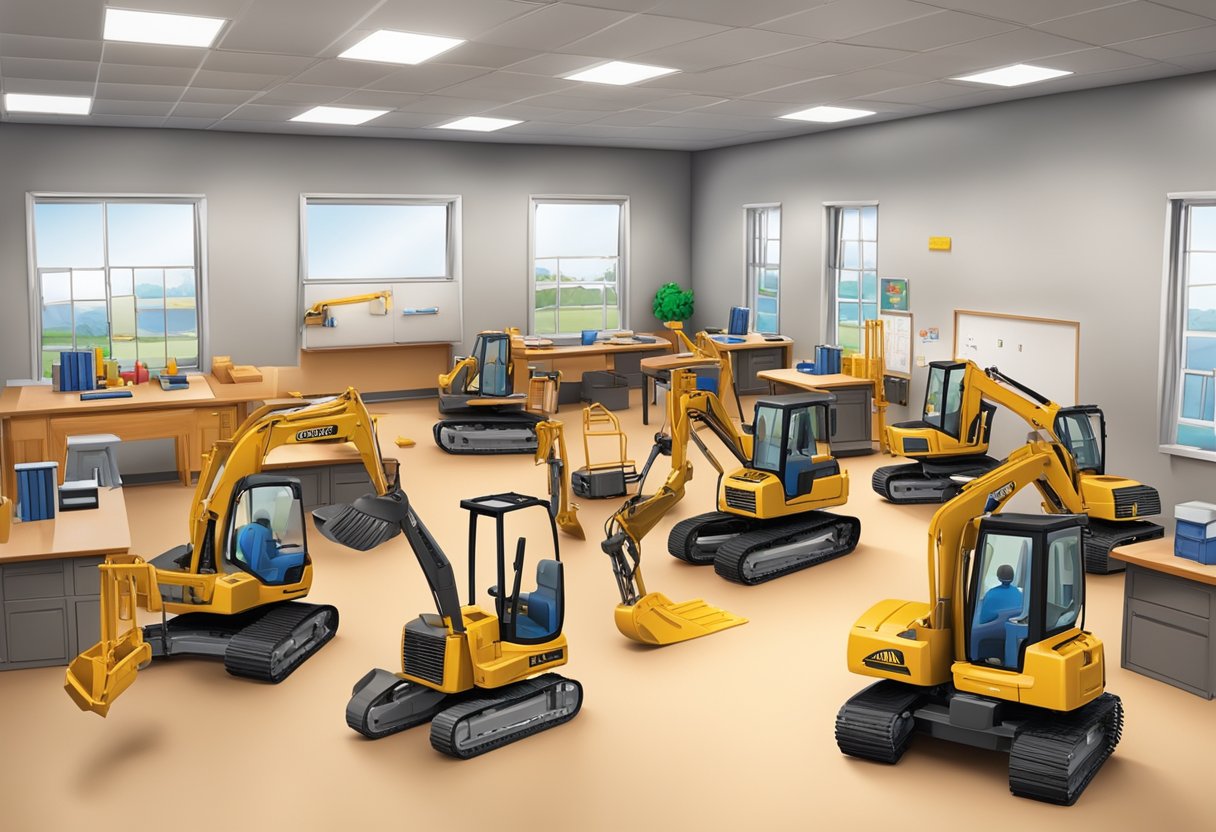 A classroom setting with students using 1:50 diecast construction equipment for educational purposes