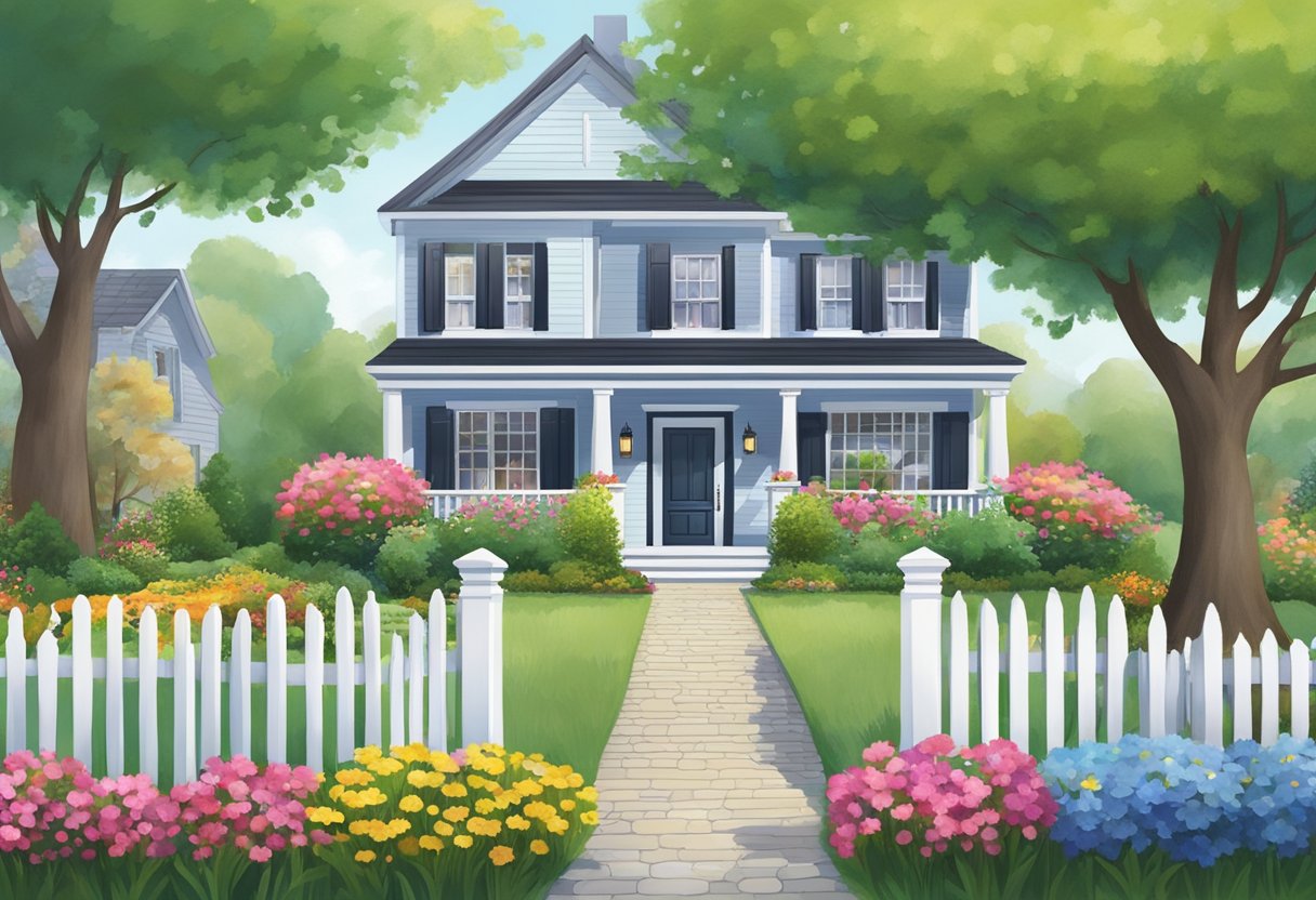A "For Sale" sign stands in front of a charming house with a well-maintained exterior. The surrounding yard is tidy and inviting, with colorful flowers and a manicured lawn