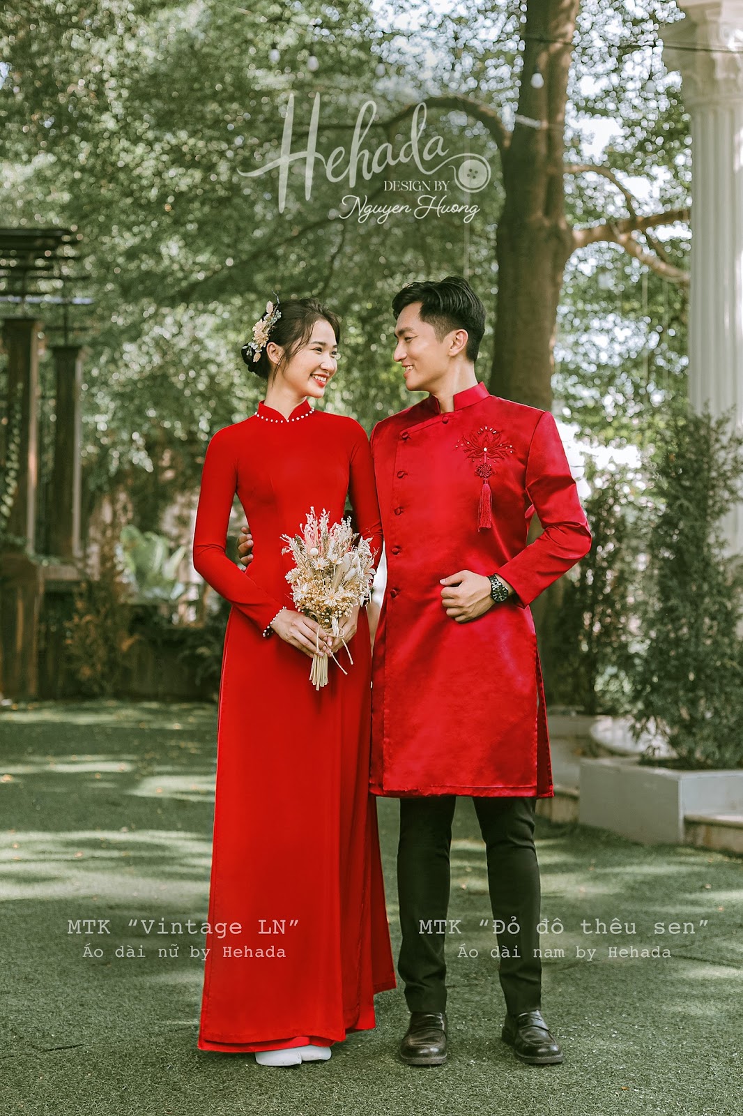 Couple áo dài Vintage LN & Đỏ Đô Thêu Sen
