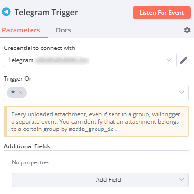 Telegram Trigger configured to receive all events