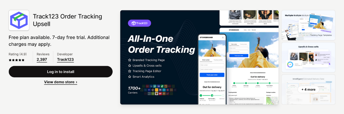 shopify app store listing page of Track123 Order Tracking Upsell