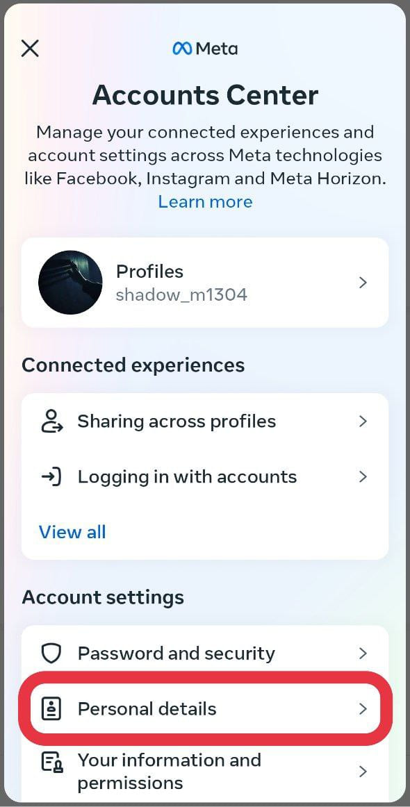 Personal details option