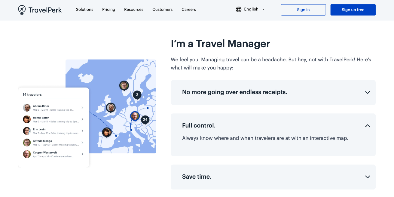screenshot showing TravelPerk's page that uses accordion content to keep details nested, so the main page stays uncluttered 