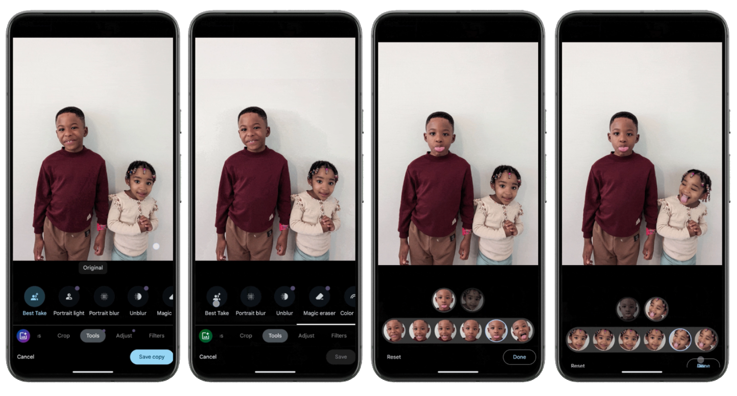 Image 1: Google Pixel 8 與 Pixel 8 Pro 四部手機屏幕顯示了使用 Google 相簿的「完美合照」功能編輯兩個孩子照片的過程左側顯示原始照片，接著是合併了不同表情的編輯照片，右側展示了兩個孩子在拍攝時的不同表情