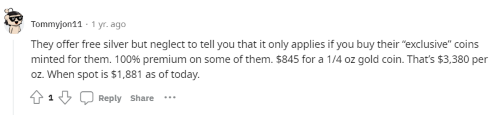 A person on Reddit shares their negative review of Goldco’s silver pricing. 