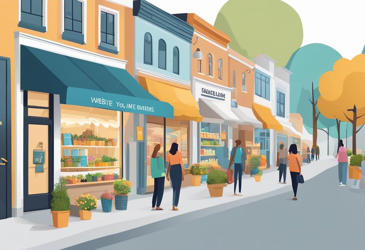 Local businesses thriving with a website: A bustling street lined with diverse shops, each displaying their products and services online. Customers easily access information and make purchases, boosting sales and visibility for the businesses