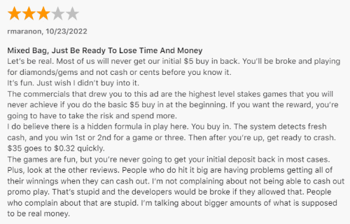 a 3-star review from a  Solitaire Clash player who thinks the game is fun but hard to win, especially at lower buy-in amounts. 
