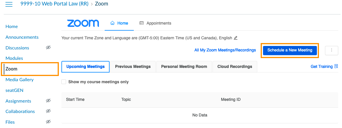 Zoom in Canvas screen with Zoom click and schedule a new meeting button highlighted