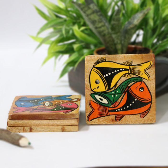 Couple Fish Wooden Tea Coaster Set Of 4 | Table Decor