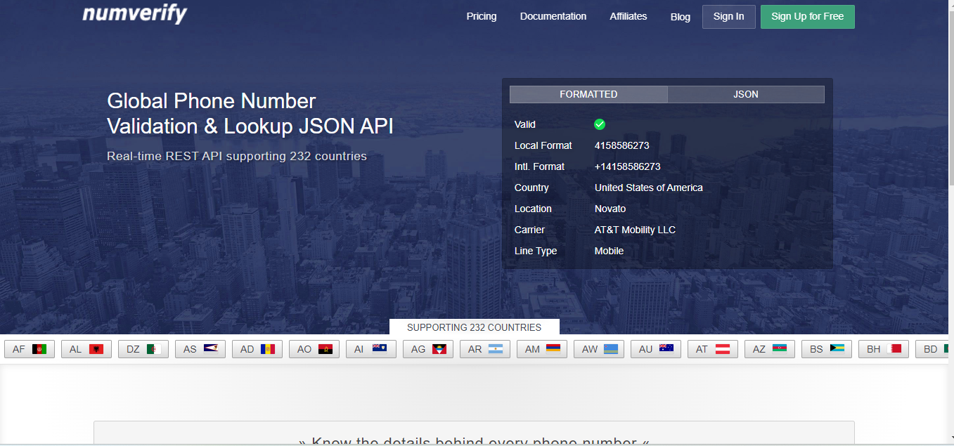home page of numverify global phone number validation tool with json lookup api