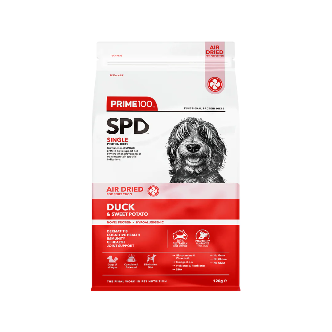Front packaging of Prime 100 SPD Duck & Sweet Potato hypoallergenic dog food