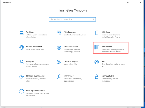 Applications dans Paramètres 