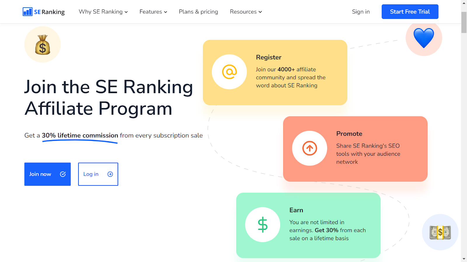 Screenshot from SE Ranking affiliate program landing page.