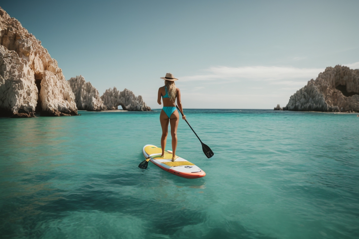 A woman paddle boarding in the serene turquoise waters near the rocky shores of Los Cabos.