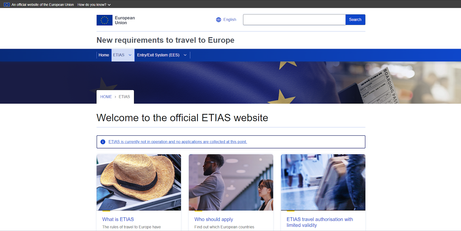 ETIAS公式サイト ETIASトップ画面