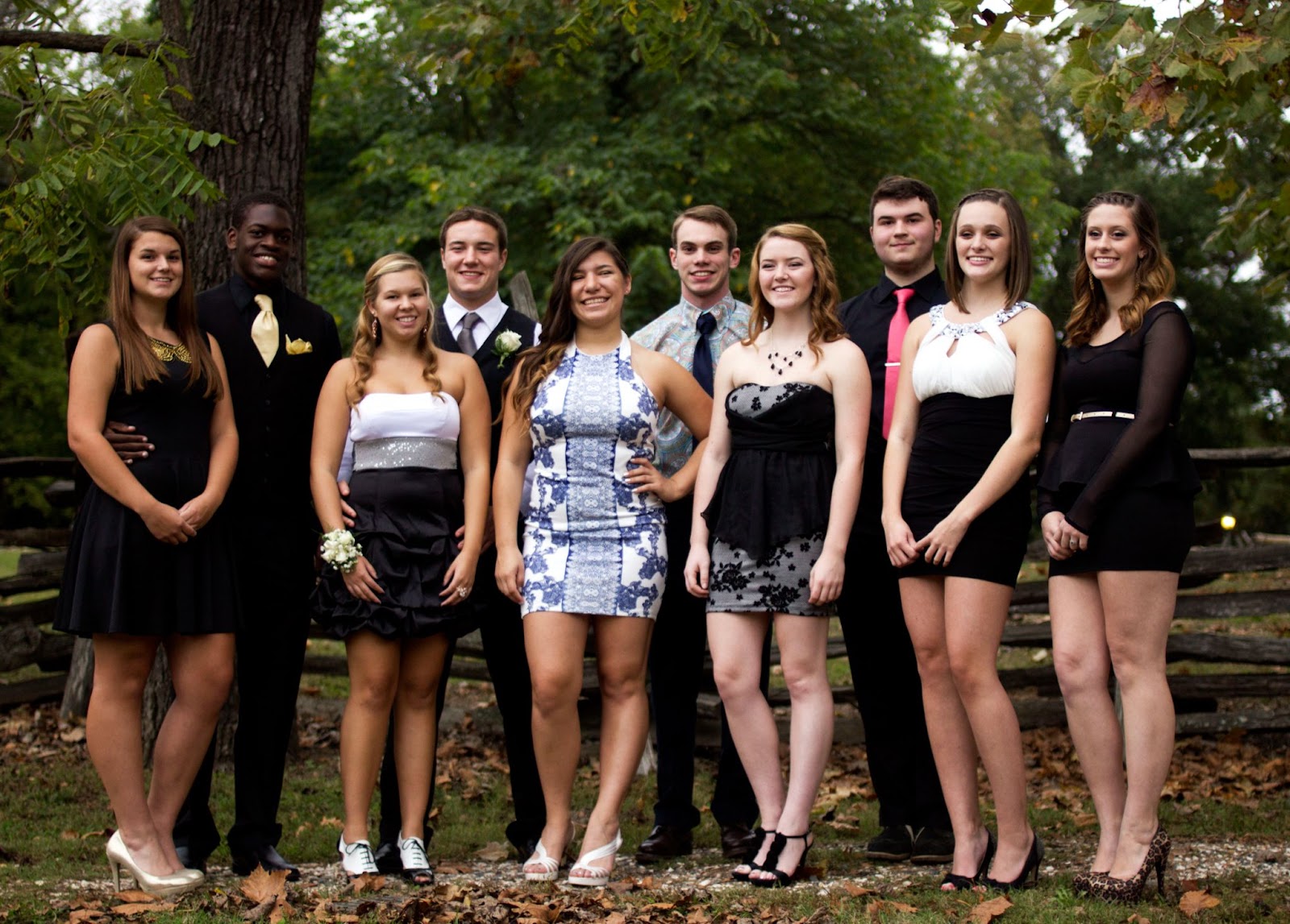 A group of students dressed formally for a High School's Homecoming event, posing for portraits capturing the spirit of the occasion.