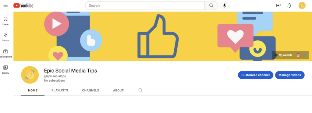 Một kênh YouTube có biểu tượng biểu tượng cảm xúc vẫy tay màu vàng sáng và hình ảnh biểu ngữ màu vàng sáng với một số biểu tượng mạng xã hội được thiết lập đầy đủ trên đó.