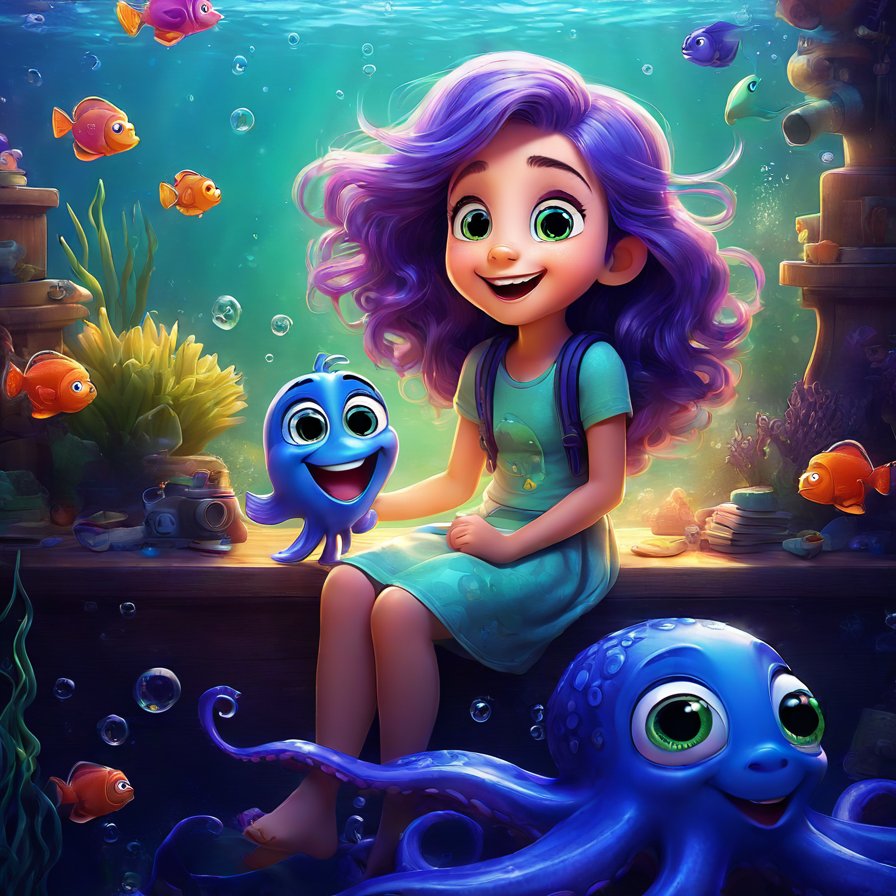 young girl, long blue hair, green eyes, underwater, laughing, purple octopus, telling joke, fish