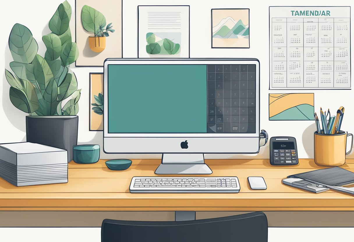 A desk with a computer, printer, and various design tools. A calendar template on the screen. Sustainable materials and eco-friendly branding visible