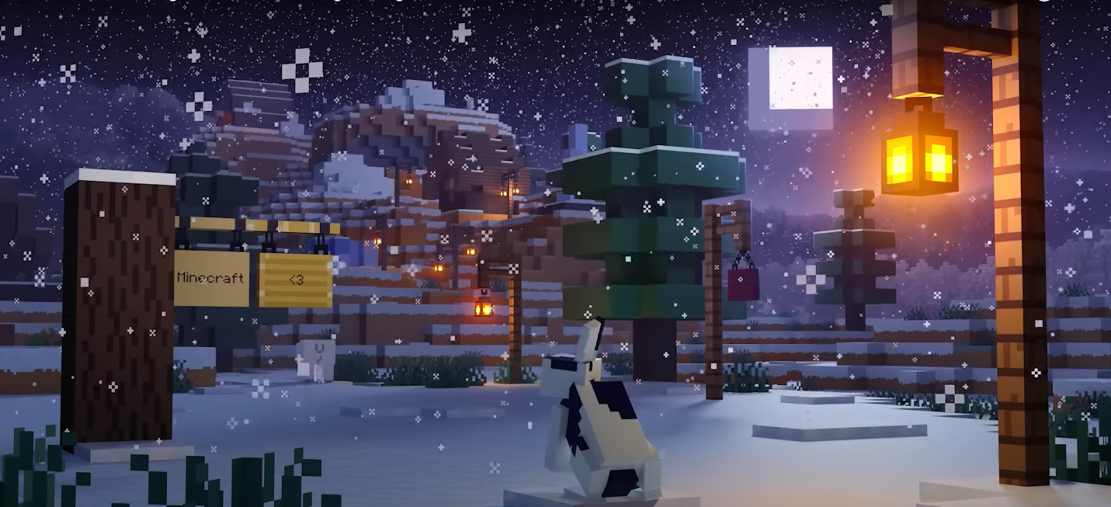 An image of a winter themed Christmas Minecraft world. 