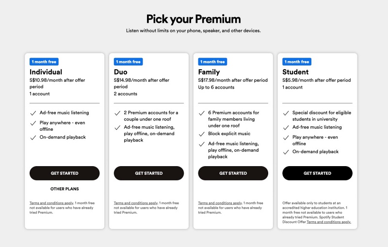 Spotify website screenshot with 4 premium plans for individuals, couples, families, and students