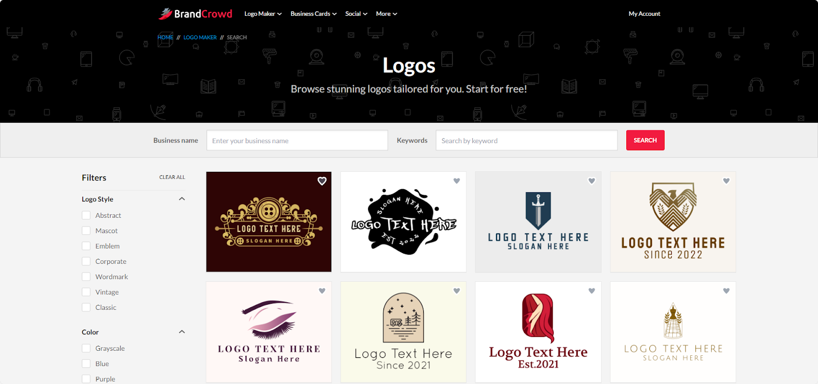 Brandcrowd logo template library page
