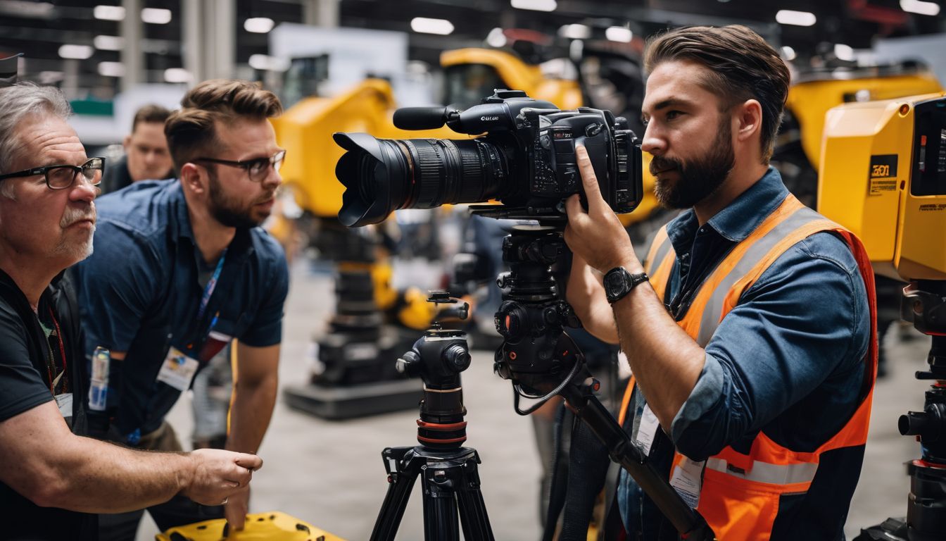 An industrial photographer captures professionals testing heavy machinery in an expo hall.