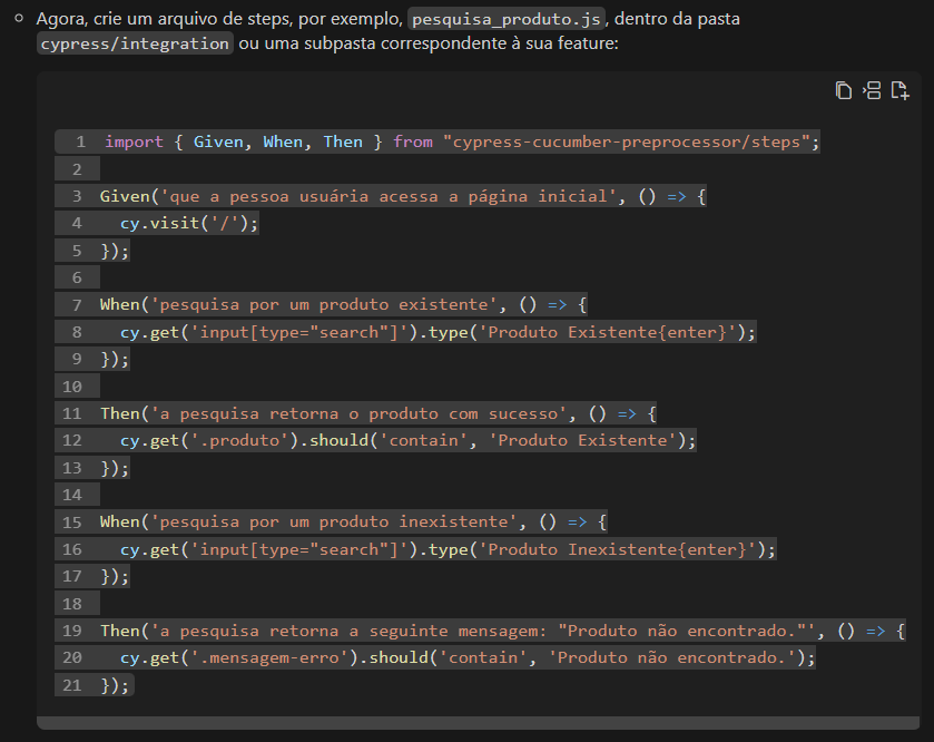 Imagem do artigo sobre teste de aceitação com imagem de parte do resultado gerado pela StackSpot AI, com os steps de testes.